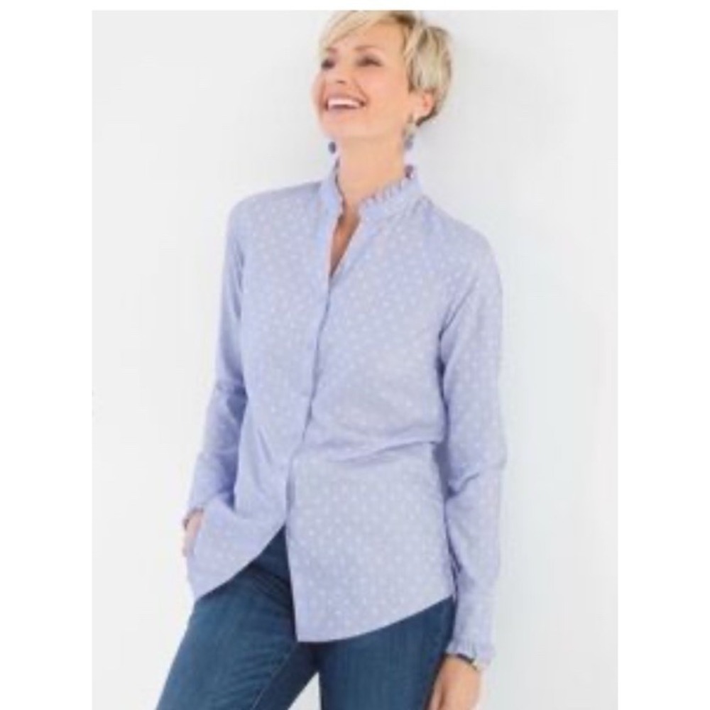 Chicos Women's 1 No Iron Blue Polka Dot Ruffle Trim Top Long Sleeve Blouse